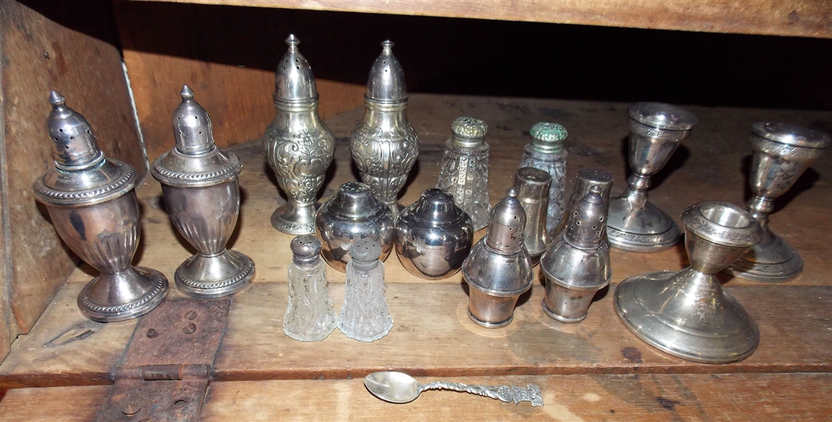 Salt and Pepper Shakers and Candles Sticks including 3 Pairs of Sterling Silver Weighted Shakers and 3 Sterling Silver Weighted Candle Sticks - Also Small Beau Sterling Bicentennial Spoon 