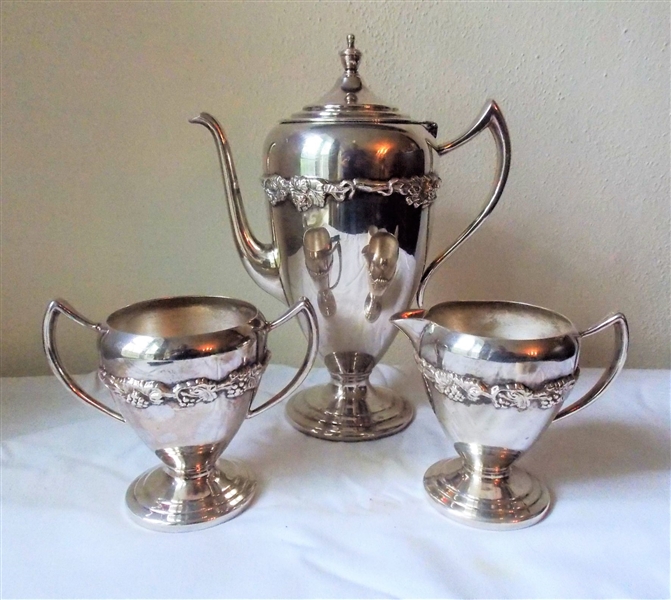 3 Piece Silver on Copper Coffee Service - Coffee Pot 11" Tall and Cream and Sugar- Grape and Leaves Decoration 