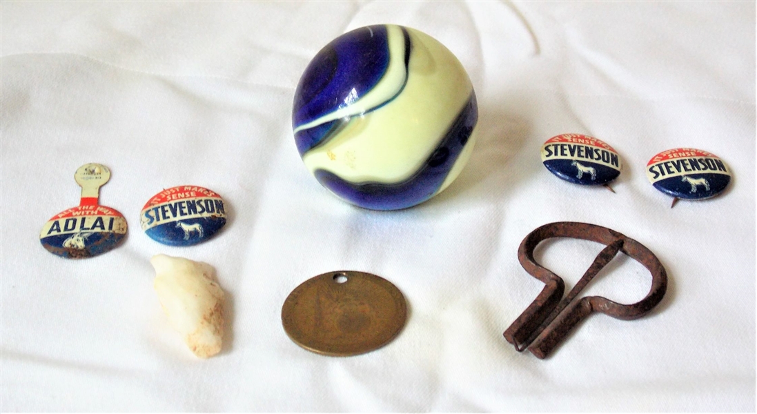 Acro Agage Shifter Knob, New York Worlds Fair Token, Stevenson Campaign Buttons, and Arrowhead