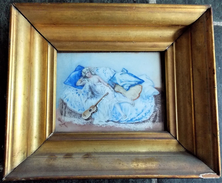 1904 Artist Signed Jones and Dated Painting on Porecelian - in Gold Gilt Frame -Painting Measures 4" by 5 1/4" Frame Measures 6 3/4" by 8"