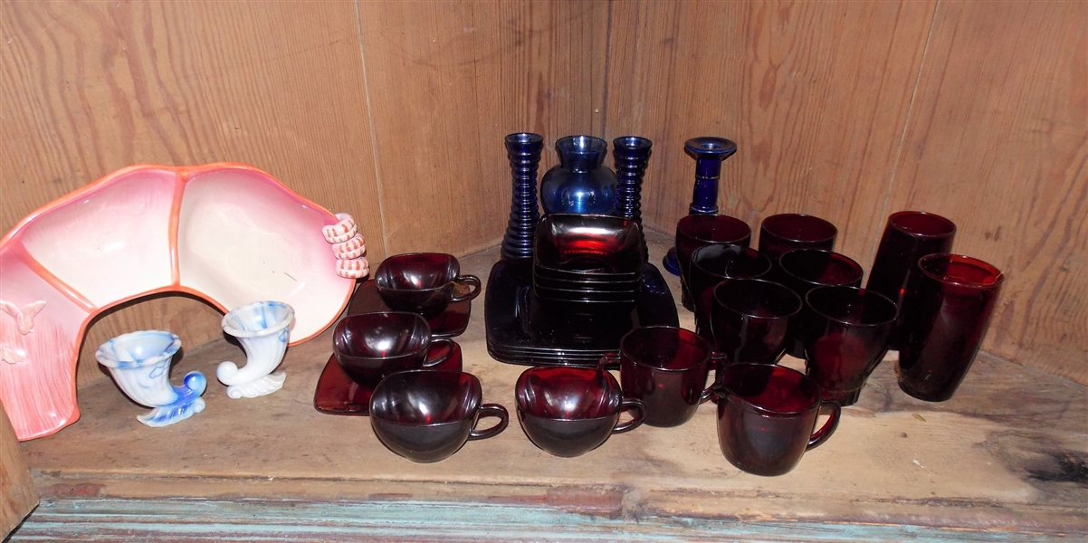 Lot of Ruby Red Glass, Cobalt Blue Candle Holders and Vases, Shrimp Dish, and Acro Agate Cornucopias 