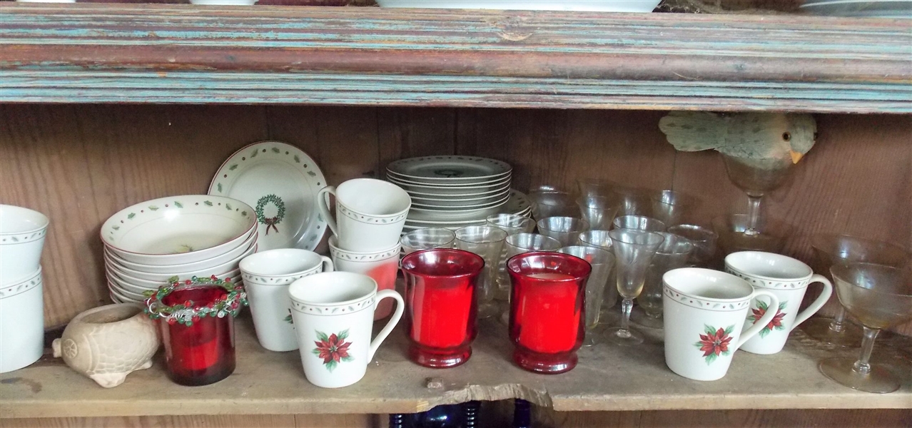Shelf Lot including Christmas China, Etched Crystal Glasses, Ruby Flash Candle Holders, Corn Husk and Paper Bird
