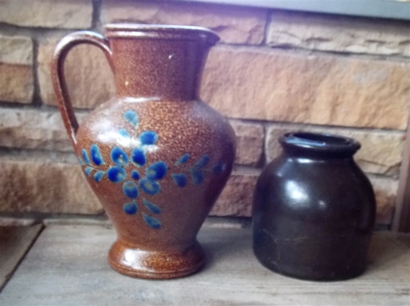 Blue Decorated Art Pottery Pitcher and Brown Pottery Storage Jar - Pitcher Measures 10" Tall