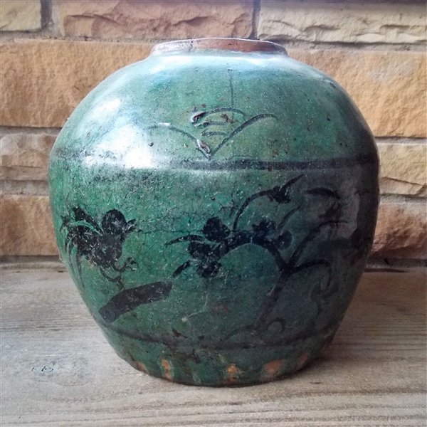 Chinese Export Glazed Pottery Vessel With Birds - Measures 8" tall 8" Across