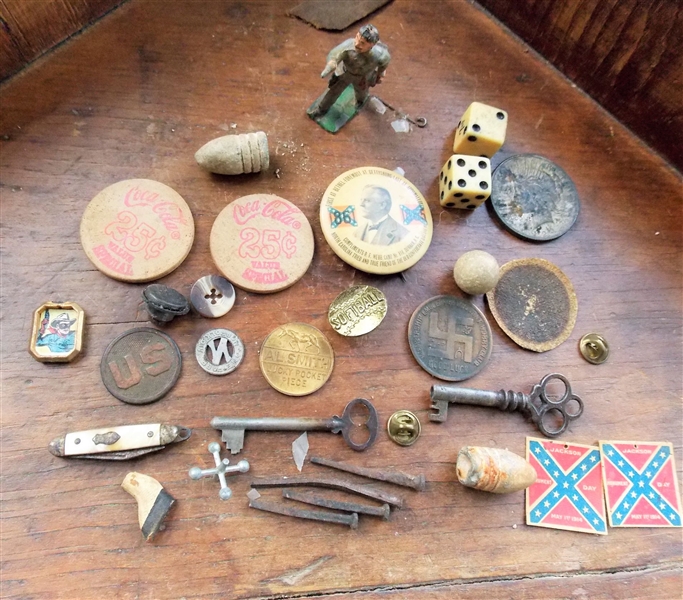 1923 Peace Silver Dollar, Insurance Company Good Luck Coin, Civil War Bullett and Grape Ball, Lead Soldier, Dice, Keys, and Other Tokens