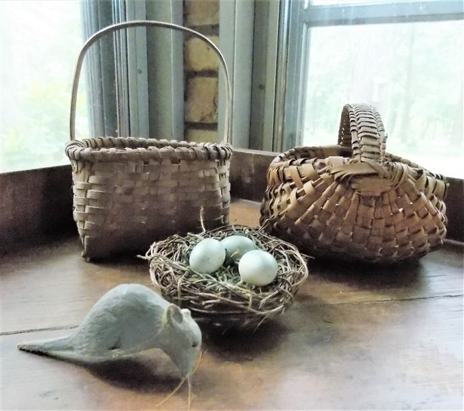 2 Small Oak Split Baskets, Hand Carved Wood Mouse, and Faux Birds Nest with Eggs - Basket with Eggs Measures 3" tall not including Handle