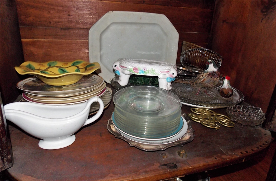 Ironstone Platter, Rabbit Egg Dish, Stone Bowl, Virginia Metalcrafters Trivet, Plates, Glassware Etc. 