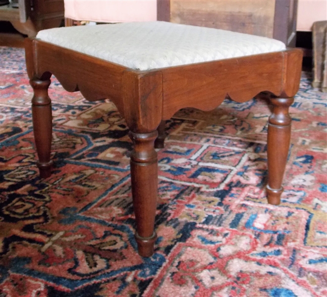 Walnut Foot Stool with Scalloped Skirt - Turned Legs - Measures 12" tall 16 1/2" by 13 3/4"