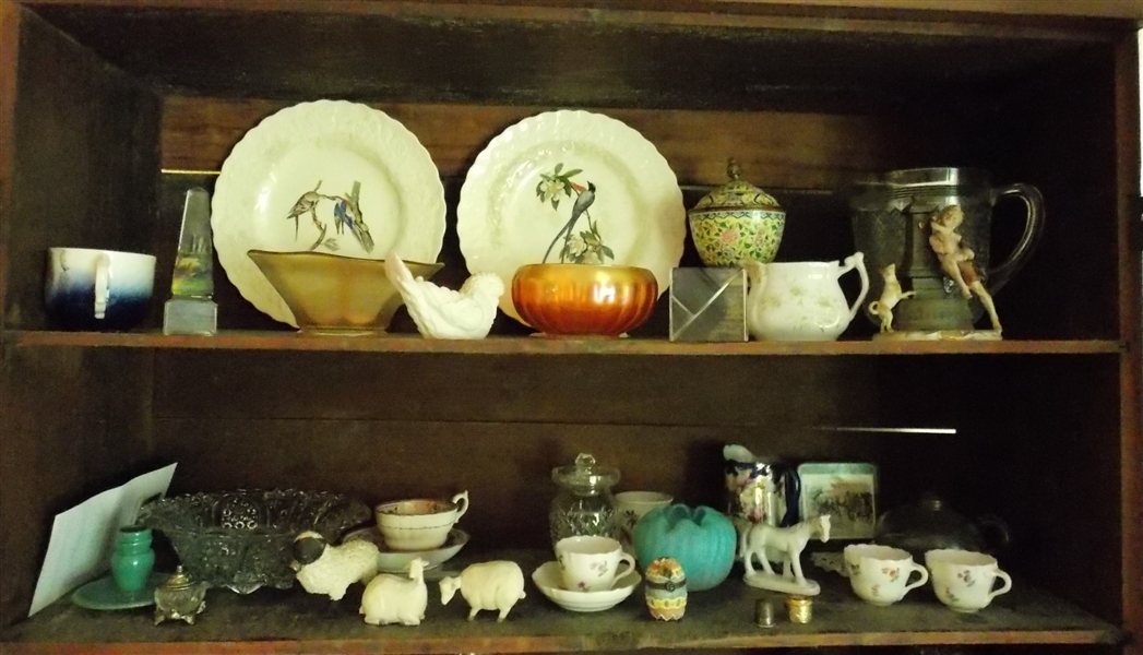 Contents of 2 Shelves including China, Glassware, Shaving Mug, Lamb Figures, Carnival Glass, Figures,