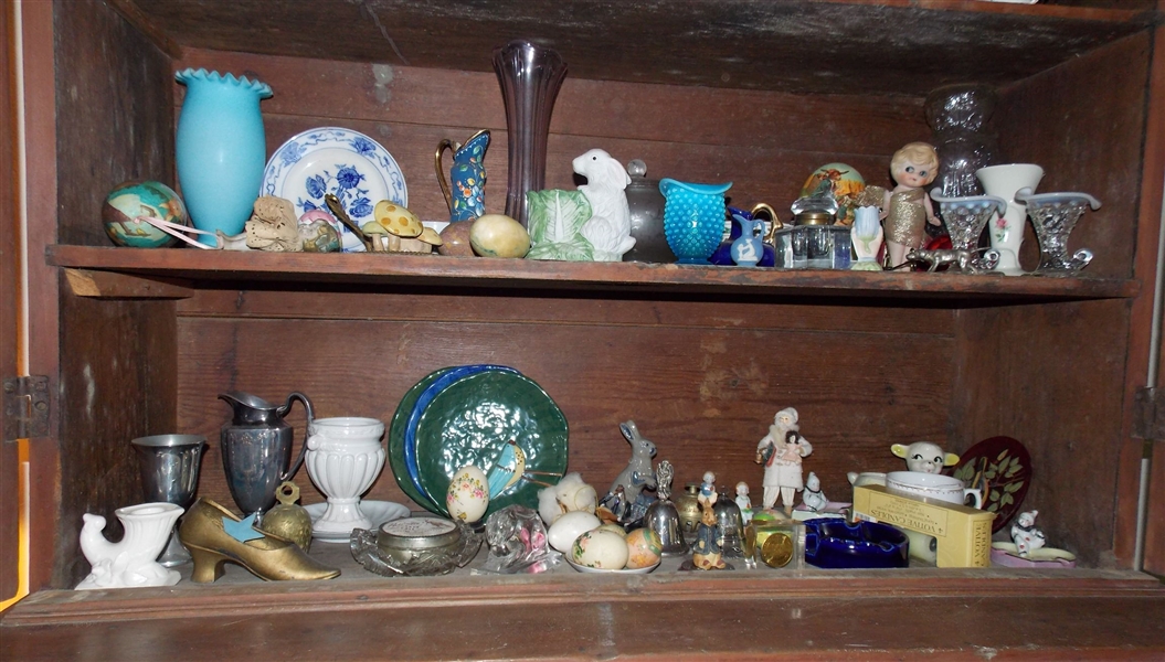 Contents of 2 Shelves including Rabbits, Blue Opalescent Vase, Bisque Kewpie Doll, Cornucopias, Eggs, Santa, Etc. 