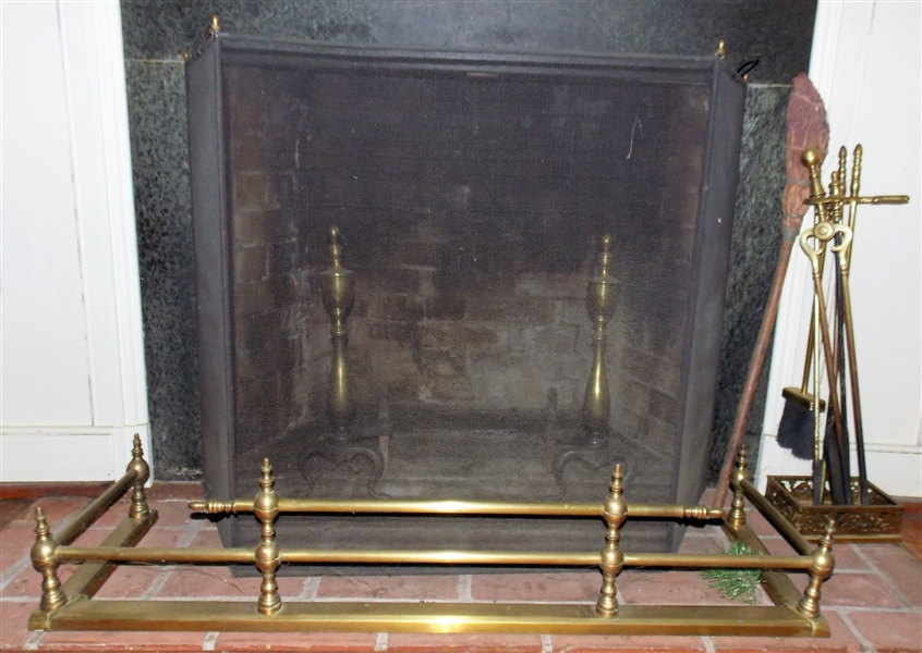 Fireplace Set including Brass Skirt, Screen, Andirons, and Fire Tools