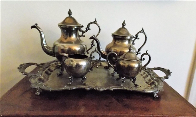 4 Piece Silverplate Tea Service with Tray - Marked Silver on Copper with Hallmarks - Largest Tea Pot Measures  11" tall 12" Spout to Handle