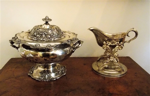 Homan Silver Plate Co. Quadruple Plate Lidded Tureen Measures 9" tall 9 1/2" Across and Silver Plate Gravy Server on Stand - 6 1/2" tall 9" Spout to Handle 