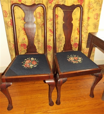 Pair of Mahogany Queen Anne Chairs with Needlepoint Seats - Top Crest is separating  See Photos