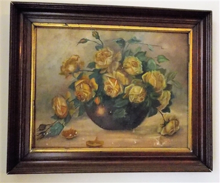 Yellow Rose Oil on Canvas Painting in Walnut Shadowbox Frame - Some Paint Flaking - Frame Measures 18" by 22 1/2" - Painting Measures 13" by 17 1/2"