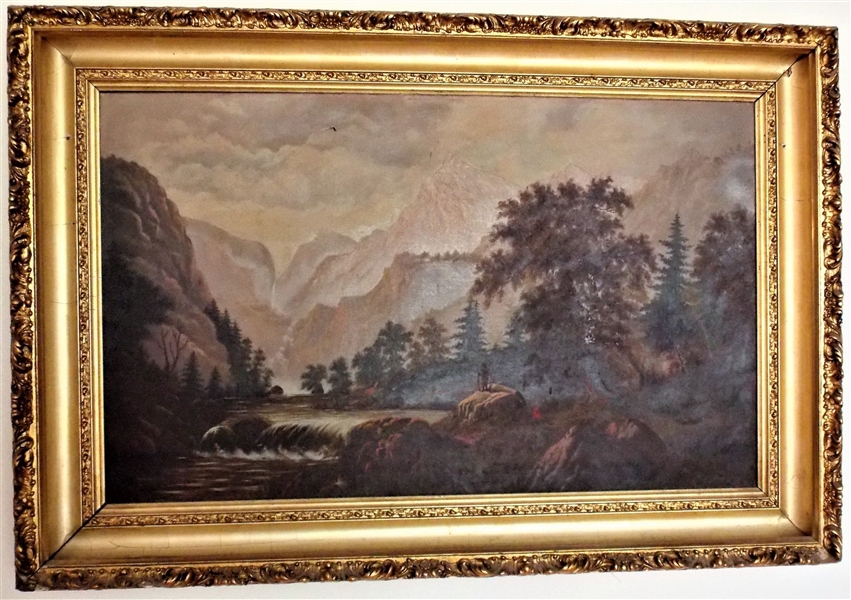 1850 American Hudson River Waterfall Painting with Indian - Large Gold Gilt Frame - Small Hole - Some Gold Loss to Corner - Frame Measures 29" by 43" Painting Measures 21" by 36"