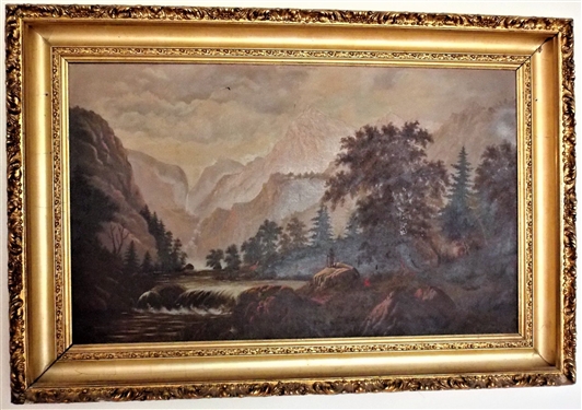 1850 American Hudson River Waterfall Painting with Indian - Large Gold Gilt Frame - Small Hole - Some Gold Loss to Corner - Frame Measures 29" by 43" Painting Measures 21" by 36"