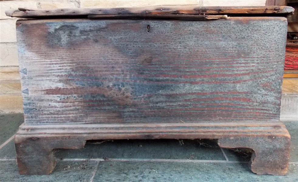 Small Pine Blue Painted Eastern NC Blanket  Box - Pegged Construction, Bracket Feet, Bread Board Top - Dovetailed Case -Original Finish -  Hinges Need Repair, Some Damage Consistent with Age -...