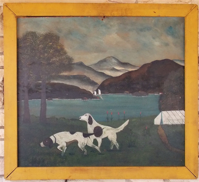 Bird Dog, Sailboat, and Mountain  Painting On Board Signed E.E.K. - Mustard Painted Frame - Frame Measures 29 3/4" by 26 3/4"