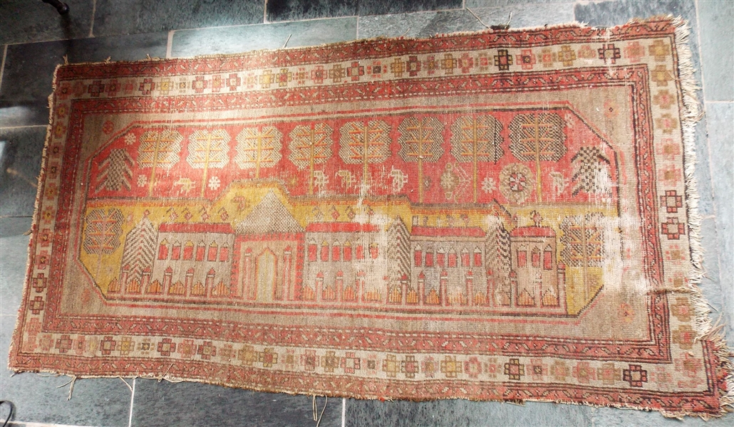Early Woven Rug with Houses and Trees - Measures - 1 Repaired Area - Worn From Age - Measures 75" by 40"