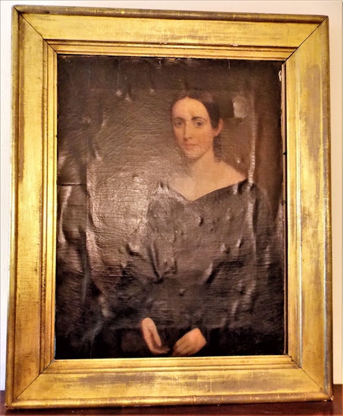 Mid 1840s Oil on Canvas Portrait Possibly of Adeline Butler Spotswood Goodall or Jane Montgomery Simpson Goodall - Framed in Large Gold Gilt Frame - Hole in Top Right Corner  with Evidence of...