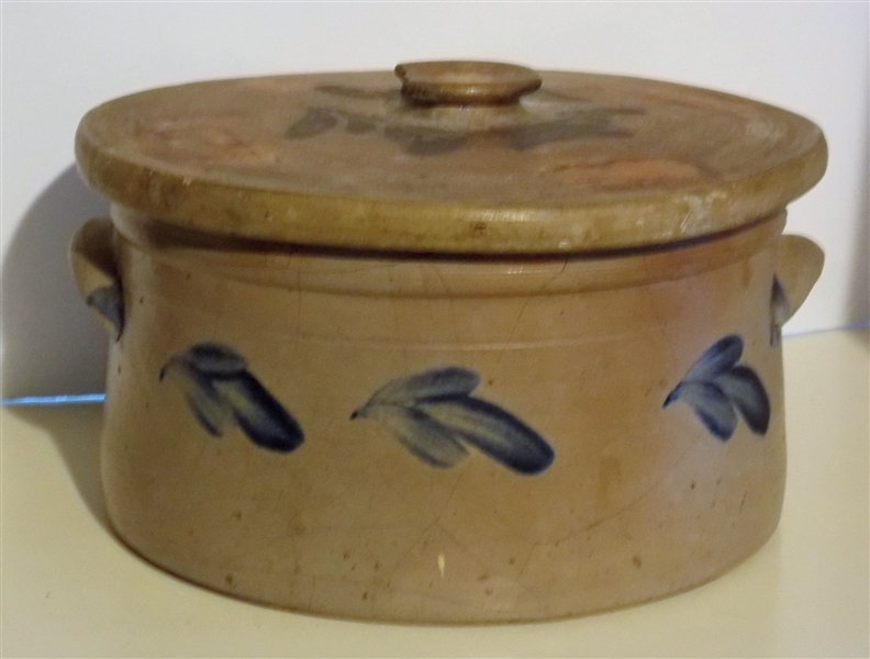 Virginia Blue Decorated Cake Crock with Decorated Lid- Chip on Handle of Lid, Chip on Inside Rim Hairline Cracks on 1 Side of Crock - Measures 5 1/2" Tall 9 1/2" Across 