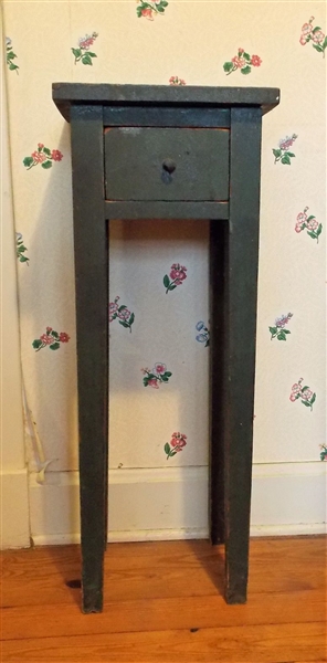 Early 19th Century Virginia Candle Table - Original Green Paint - Notched Back Legs with Cut Outs for Molding -Single Drawer -   Measures 31" tall 12" by 10"
