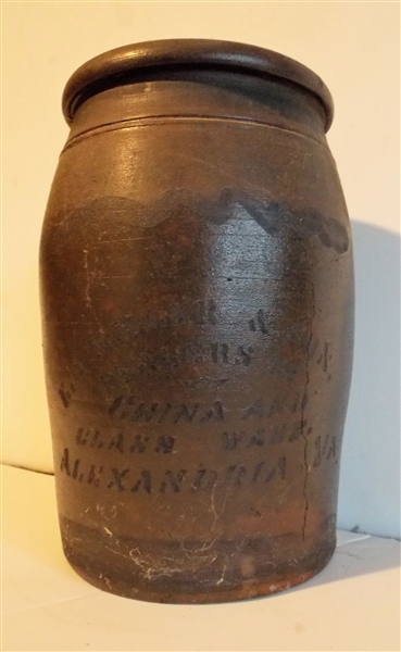 E.J. Miller & Son, Dealers in China and Glass ware. Alexandria, VA Crock - Cracked - Measures 10 1/2" tall 6 1/2" at widest