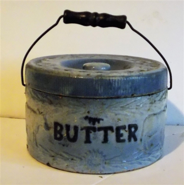 Salt Glazed Butter Crock with lid - Cow and Flower Decoration - Wood Bail Handle - Measures 4 1/2" tall 7" Across 