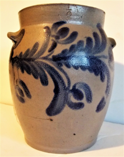 Awesome 1/2 Gallon Blue Decorated Ovoid Crock - Double Handles -Incised 1/2 - Measures 8" tall 7" Across