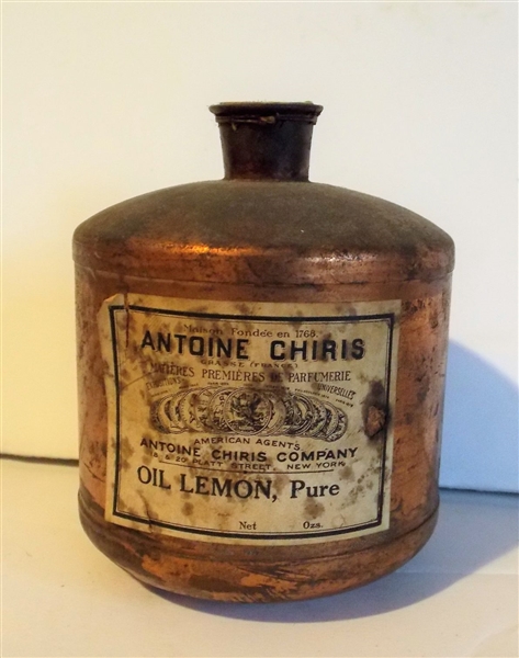 "Antoine Chiris" France Copper Bottle with Original Paper Label -Oil Lemon, Pure -  5" tall 4" Across