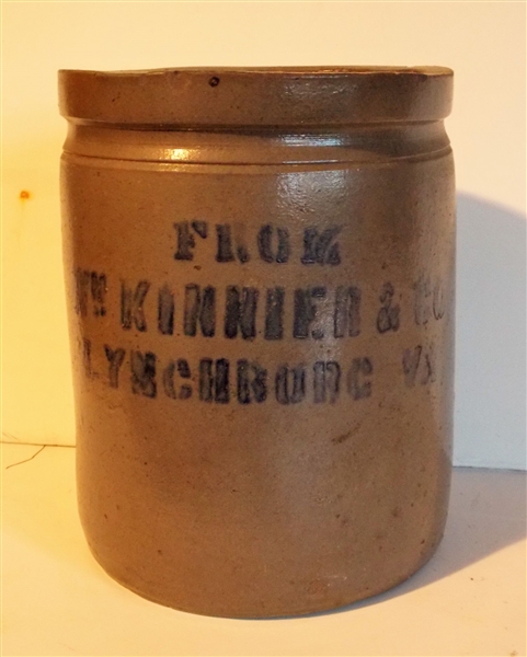 "From Wm. Kinnier & Co. Lynchburg VA" Blue Decorated and Stamped "Strasburg VA" Crock Measures 9" tall 7" Across