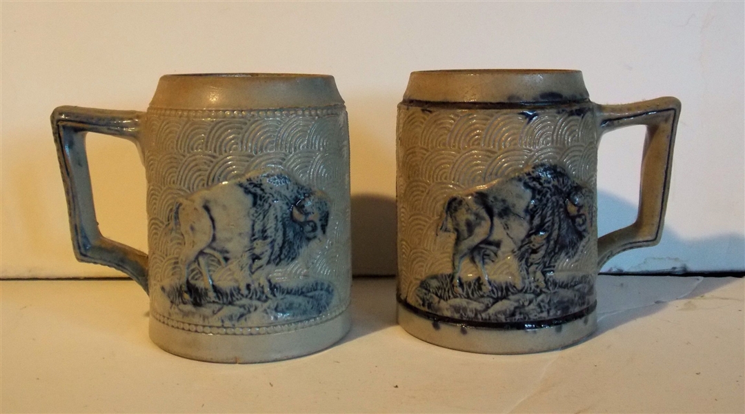 Pair of Salt Glaze Mugs with Tavern Scenes and Buffalo - Measure 4" tall and 2 3/4" Across 