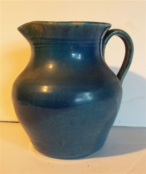 Blue Glazed Pottery Pitcher - Measures 6 3/4" tall 6 1/4" Spout to Handle