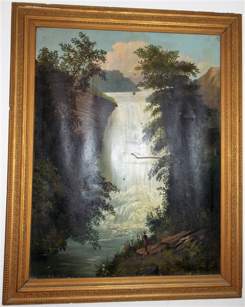 1850 Hudson River Painting Featuring Waterfall with Indian - Framed - Frame Measures 48" by 38" - Some Holes and Torn Area- See Photos