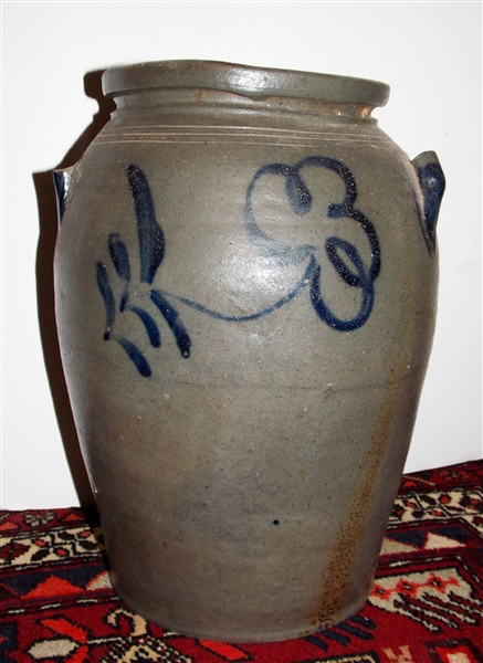 James River Virginia Blue Decorated Crock - Flower Decoration - Both Handles are Broken - Measures 14" tall 10" Wide