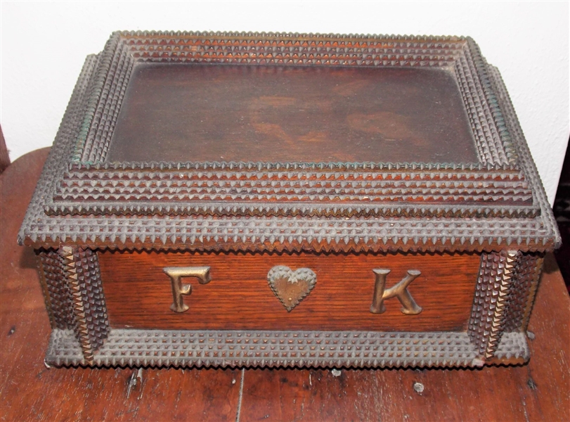 Oak Tramp Art Lift Top Box with F & K and Hearts -Beveled Mirror in Lid - Divided Tray Inside -  Measures 7 1/2" tall 13 1/2" by 9 1/2"