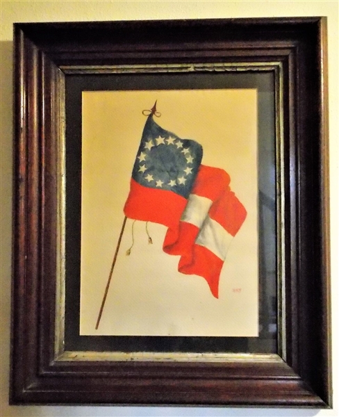 Watercolor Painting of Colonial 13 Star Flag Signed by Artist B.M.W. in Walnut Shadowbox Frame - Frame Measures 13" by 19"