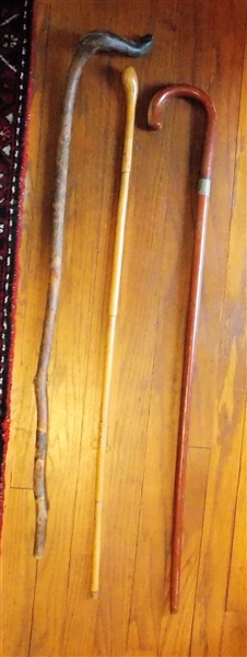 3 Walking Canes including Hand Carved with Fingernail - 35" tall, Bamboo, and Curved with Black and White Band