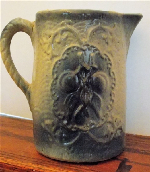 Salt Glaze Pitcher with Cherries - Measures 8" tall 8" Spout to Handle - Crack at Top of Handle