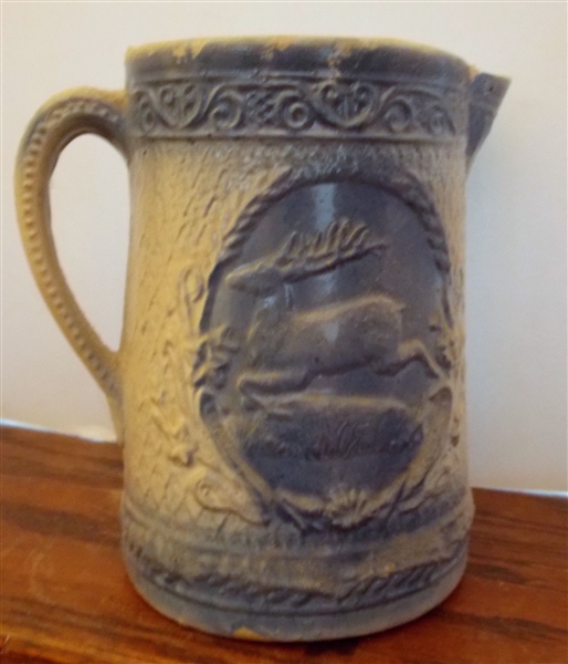 Stag Salt Glaze Pitcher - Hairline Inside and Chips on Inside Rim  - Measures 8" tall 8" Spout to Handle  