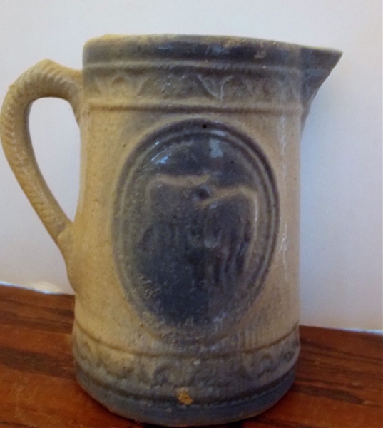 Salt Glaze Pitcher with Cows - Chip on Side of Spout - Measures 8" Tall 8" Spout to Handle