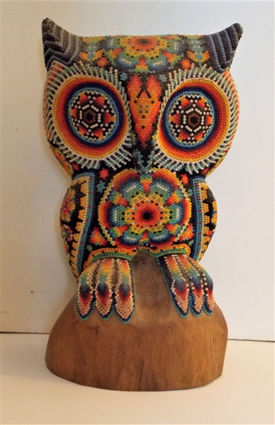 Wood Carved Owl with Bead Decoration -Very Few Missing Beads -  10 3/4" tall 6 1/4" by 3" 