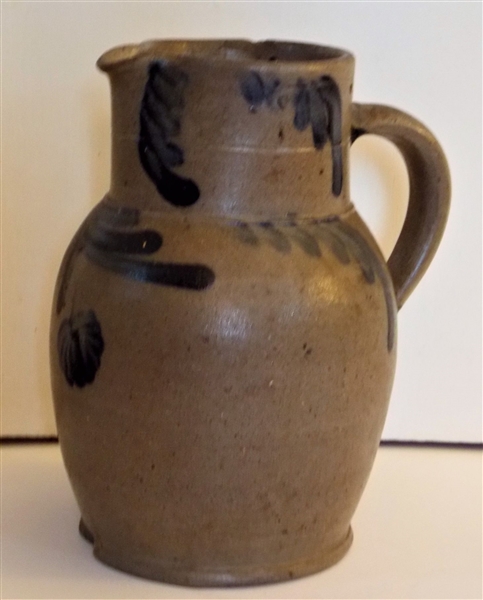 Virginia Blue Decorated Pottery Pitcher - 3 Holes at Top Near  Handle - Chip at Base and On Rim - 10 3/4" tall 8" Spout to Handle