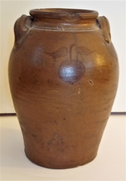 Pottery Crock with Brown Apple Decoration - 11" tall 7" Wide - Hairline Crack and Chip on 1 Side