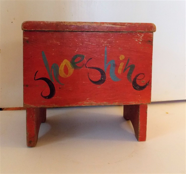 Red Painted Wooden Shoe Shine Box with Brushes and Shoe Horns Advertising Belk, Charles Shoe Store Oxford, Penn, and Belks - Measures 11" tall 11" by 8"