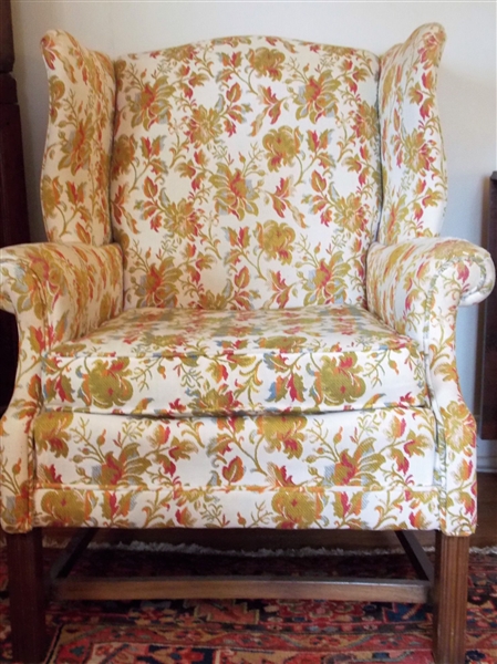 Chinese Chippendale Style Wing Back Arm Chair - Floral Upholstery - Some Wear on Arms by Galax Chair Company - Galax Virginia