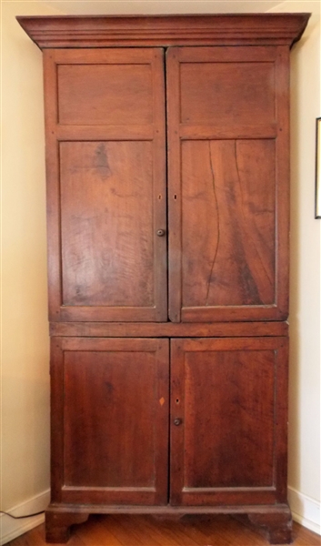1810 Walnut Corner Cupboard From The Monroe-Flood Family, Andersonville, VA. - 6 Panels - Inlaid Scutches, Bracket Feet, 90 Degree Returns, Missing 2 Knobs, and Hinges Have Been Replaced, Missing 1...