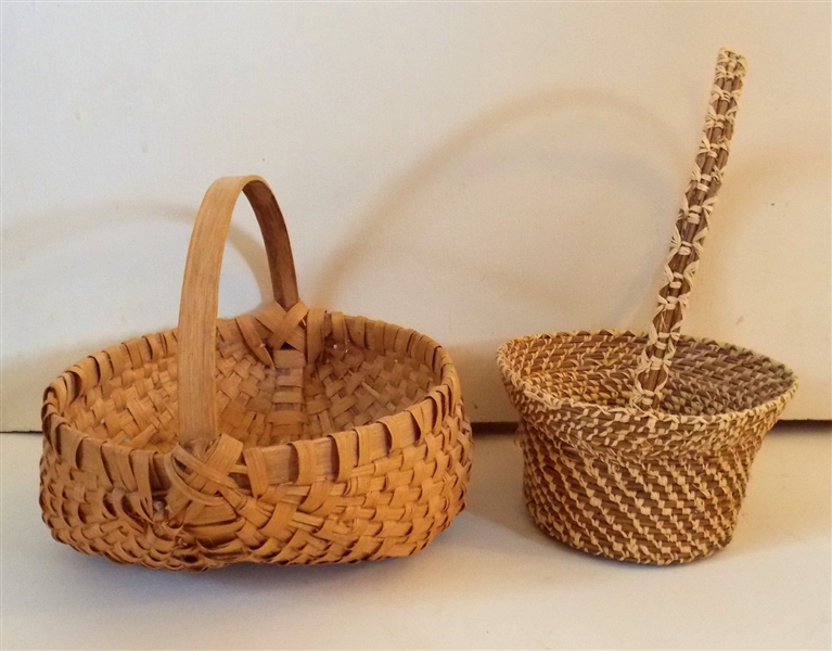2 Handmade Baskets including 1 Pine Needle Measuring 4" tall 7" Across and Oak Split Measuring 4" tall 9" by 8" - Not including Handles