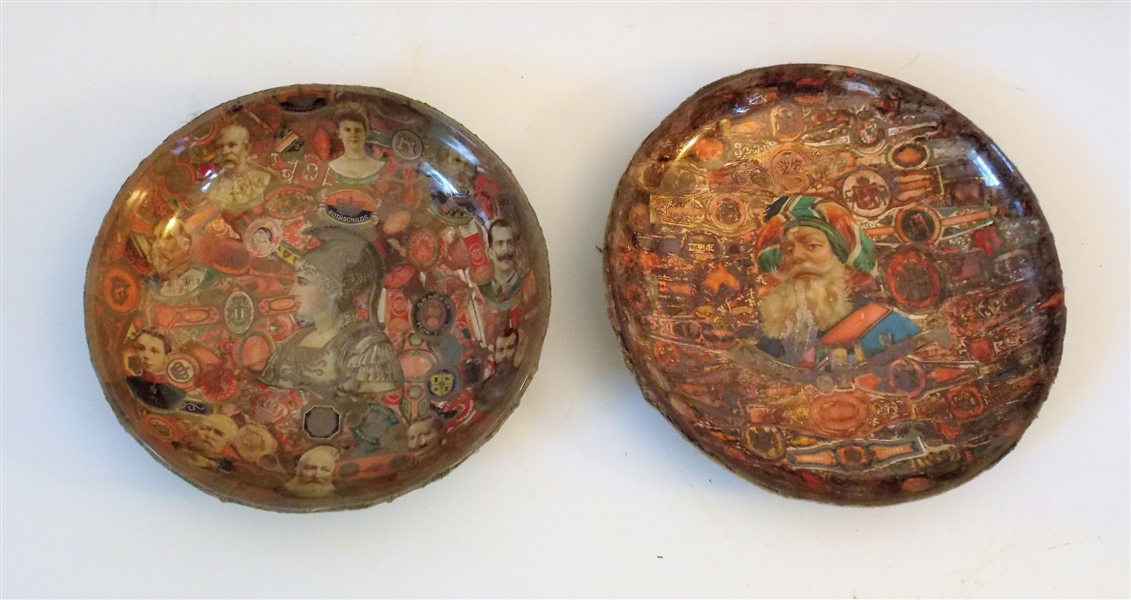 2 Bowls with Decoupaged Cigar Wrappers and Faces including Rothschilds, Elegantes Habana, Flor,  and Habana Cabana- Felt Back - Measures 8" and 7"